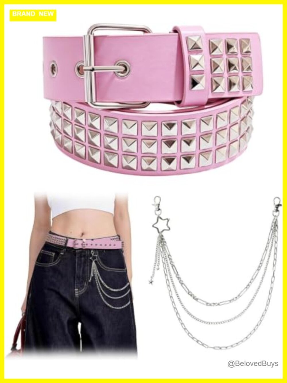 Studded Belt Set with Chain Y2K Emo Gothic Punk Accessory Adjustable Waist